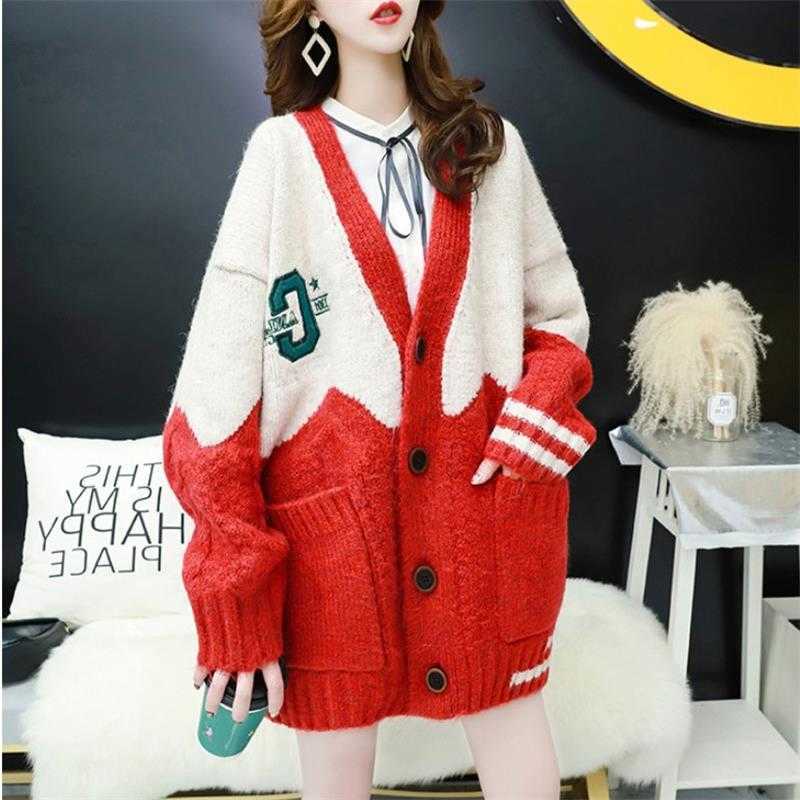 H.SA Women Oversized Cardigans V Neck Letters Embroidery Casual Patchwork Loose Jumpers Thick Warm Spring Knit Jacket Coat 210917