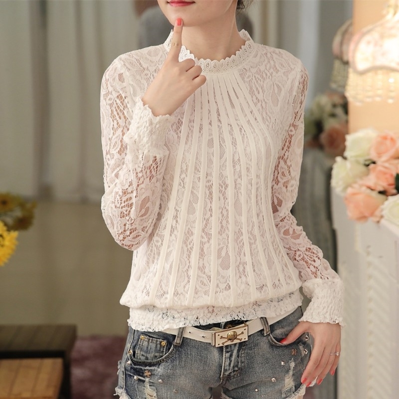 New Fashion Women Blouses White lace Blouse shirt plus size tops Long Sleeve O-neck Casual Lady Blouses Lace tops 61C 25 210225