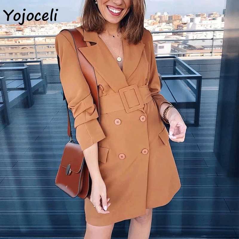 Yojoceli trendy elegant sashes double breasted blazers work day jackets outerwear coats streetwear 210609