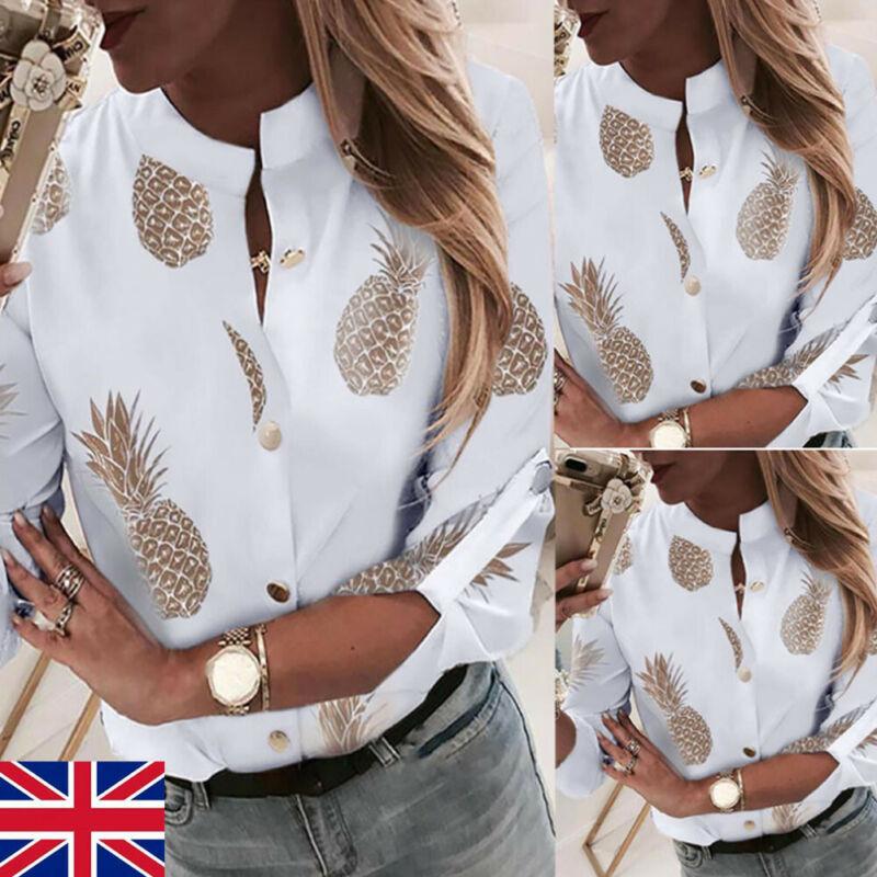 Women's Blouses & Shirts Fashion Women Long Sleeve Gold Pineapple Print Blouse V Neck Shirt Office Ladies Party Elegant Streetwear Femininas