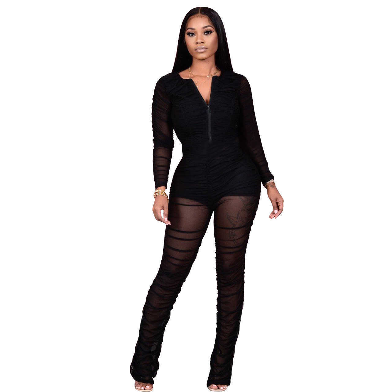 Designers Women black Clothes 2023 fashion sexy mesh pleated micro pull pants wear clubwear jumpsuits amp rompers