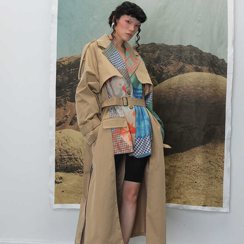 Autumn Fashion Fragment Printed Suit with Two Windbreaker Oversized Women Coats Trench for Long 210615