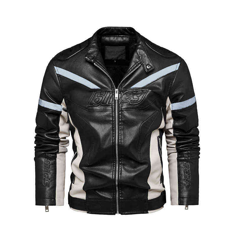 Men's Fashion PU Leather Jacket Night Reflective Motorcycle Jacket Warm Patchwork Winter Coat with Zipper Pocket 211106