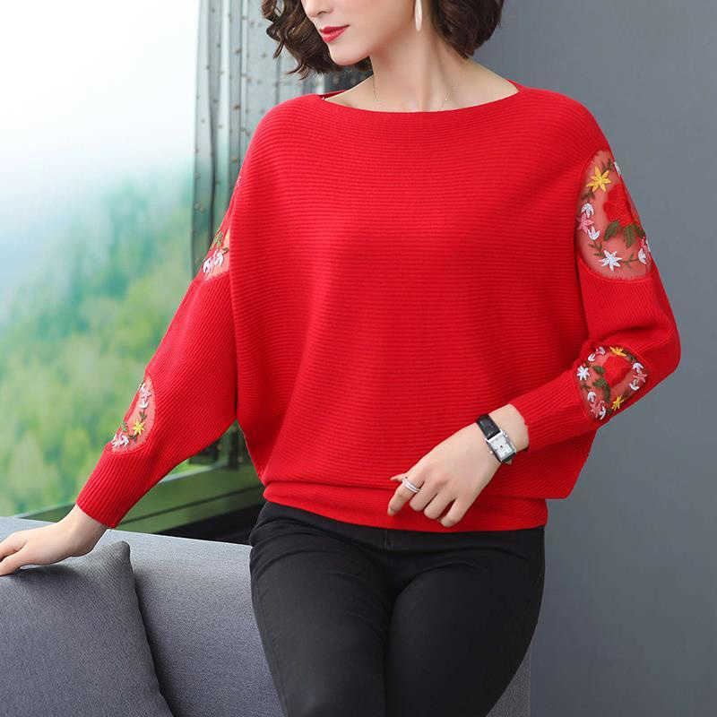 Flower Embroidery Batwing Sleeve O-Neck Spring Sweaters Women Casual Loose Knitted Pullovers Large Size Knitwear Tops Female 210918