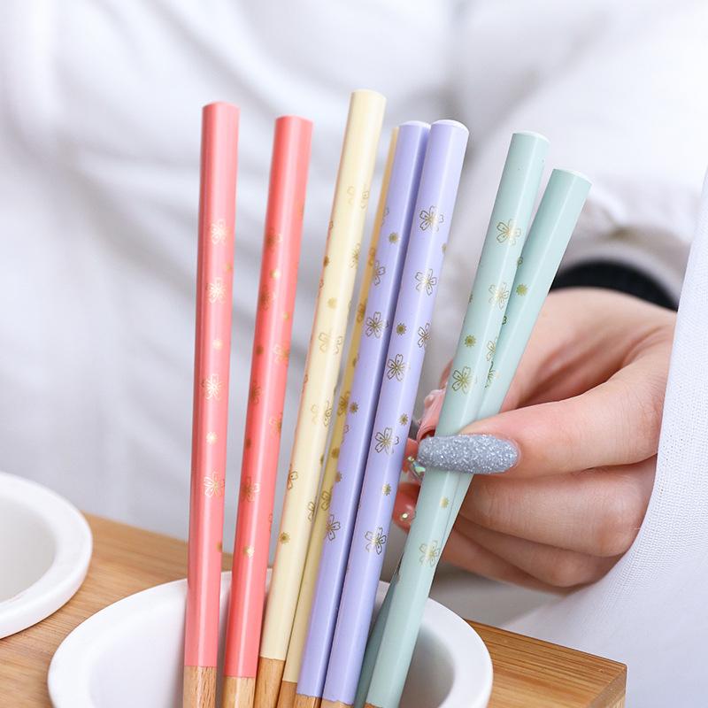 Chopsticks 5 Pairs Of Japanese-style Small Floral Wooden Heat Transfer Pointed Sushi Tableware Kitchen