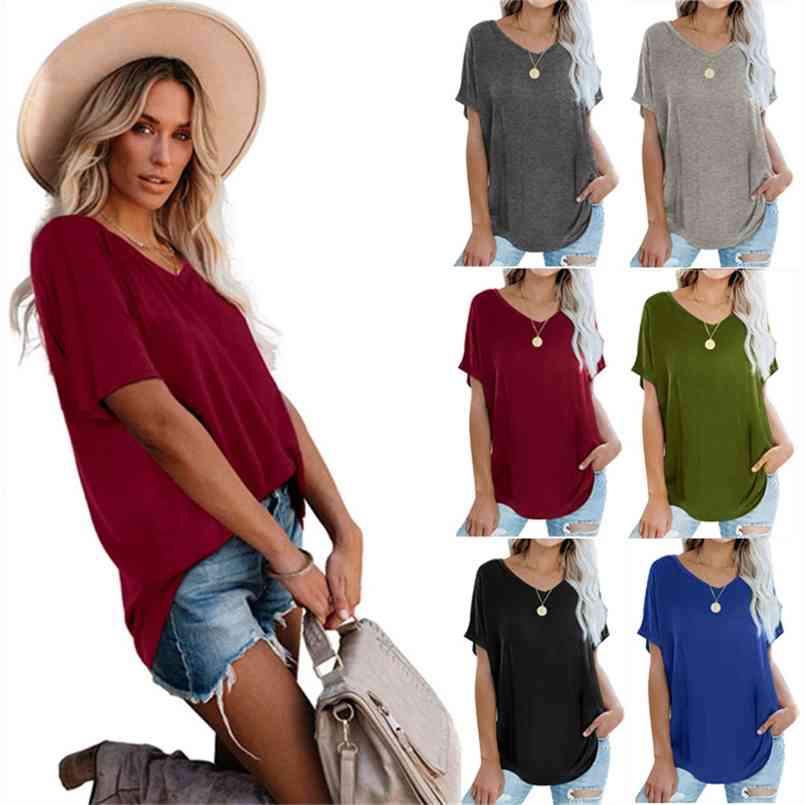 Summer Women's Clothing V-neck Short Sleeve Pullover Solid Color Casual T-shirt Lady Fashion Street Loose T Shirt Women 210708, Black
Summer Women's Clothing V-neck Short Sleeve Pullover Solid Color Casual T-shirt Lady Fashion Street Loose T Shirt Women 210708, Black