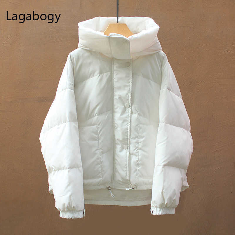 Lagabogy Winter Women 90% White Duck Down Coats Casual Candy Color Warm Bread Jackets Female Hooded Loose Snow Outwear 211018