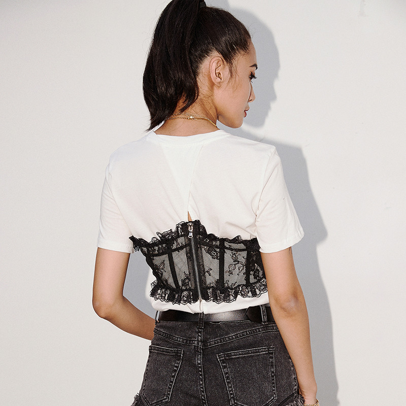 TWOTWINSTYLE Patchwork Lace Tube Top T Shirt For Women O Neck Short Sleeve Casual T Shirt Female Summer Fashion New Clothes 210306