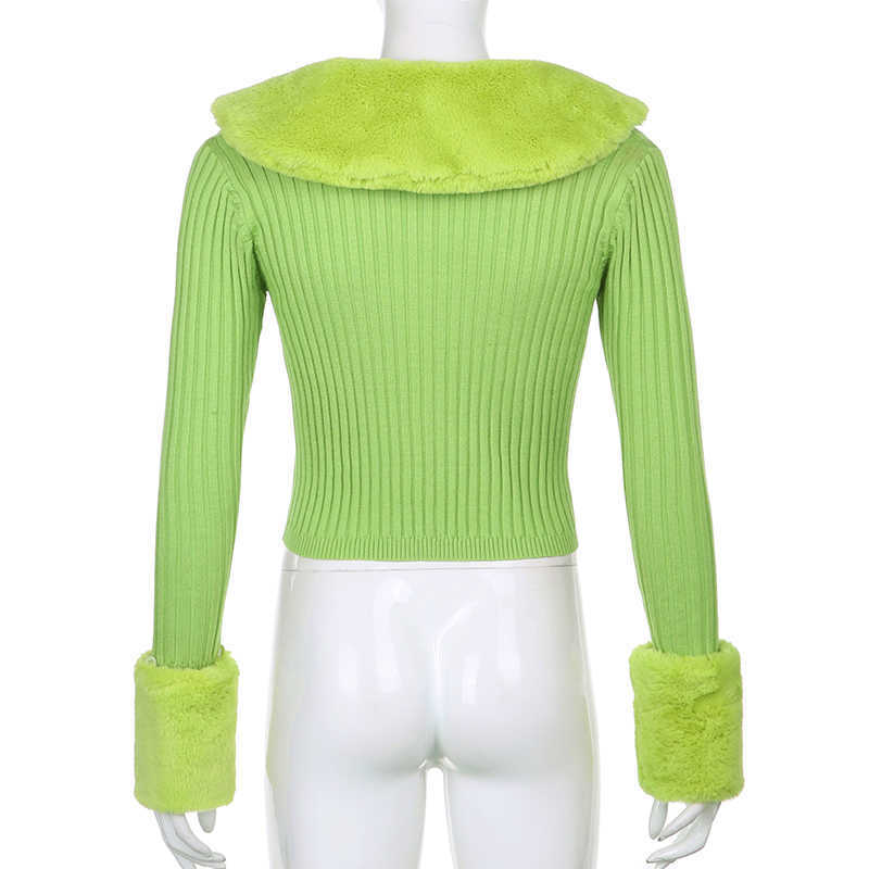 Sweetown Ribbed Knitted Ladies Cardigans Sweaters With Fur Trim Collar Long Sleeve Slim Autumn Winter Jumper Knitwear 210914