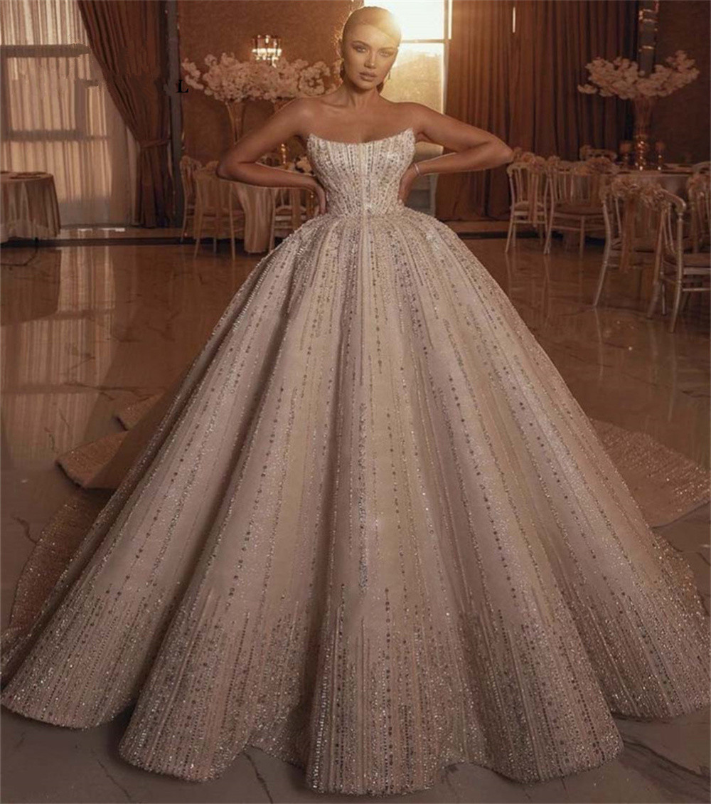 urious Beading Sequins Wedding Dresses Strapless Ball Gown or Length Custom Made Formal Bridal Dress Vestido De Novia