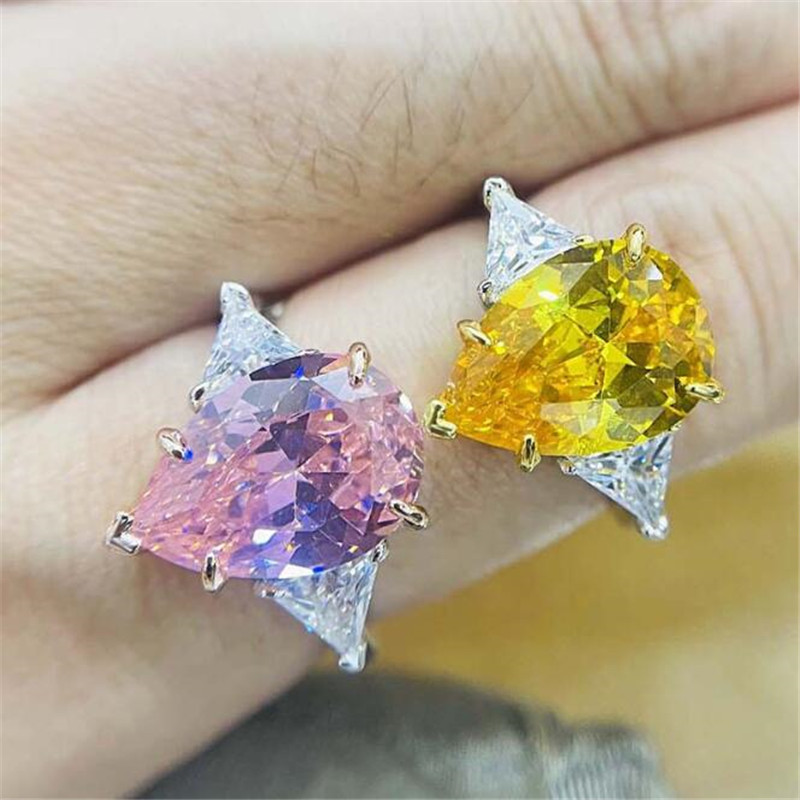 Brand Wedding Rings Luxury Jewelry Designer Real 925 Sterling Silver Dove Egg Large Yellow Topaz CZ Diamond Water Drop Zircon Women Engagement Band Ri