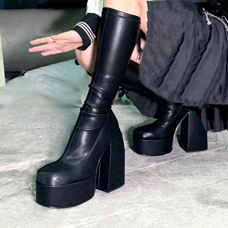 Punk Style Boots Autumn Winter High Heels Elastic Microfiber Knee-High Shoes Women Black Leather Boot Waterproof Platform 211104