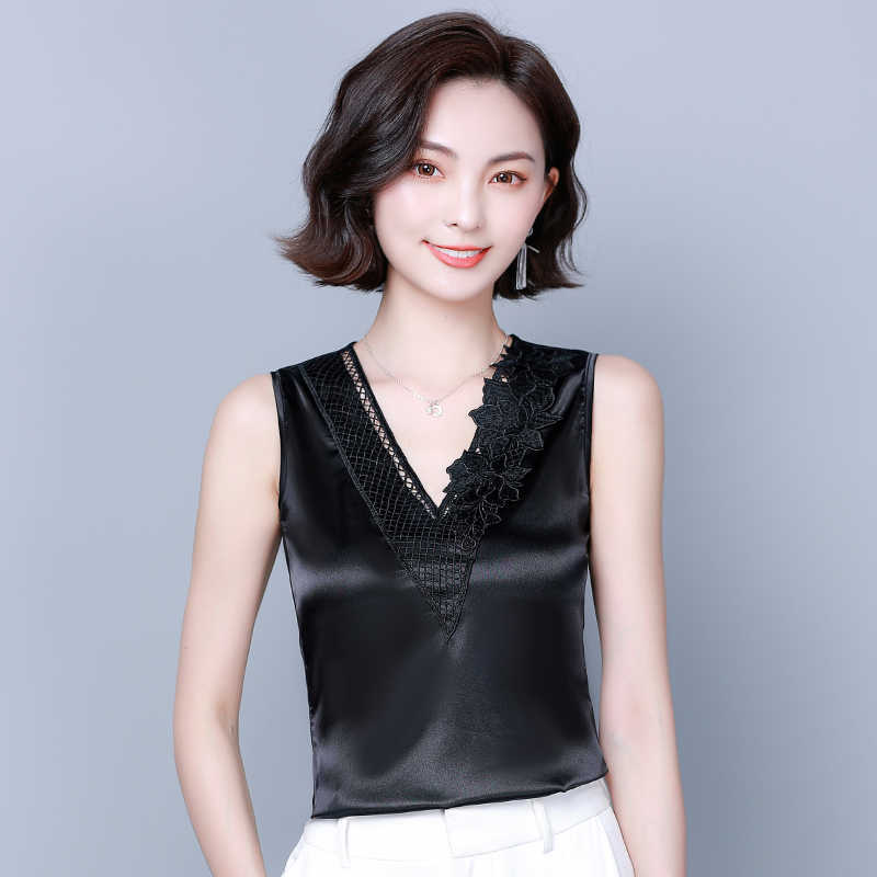 Korean Fashion Silk Tank Top Women Satin Office Lady Lace Solid Plus Size XXXL/4XL White Clothing for 210531