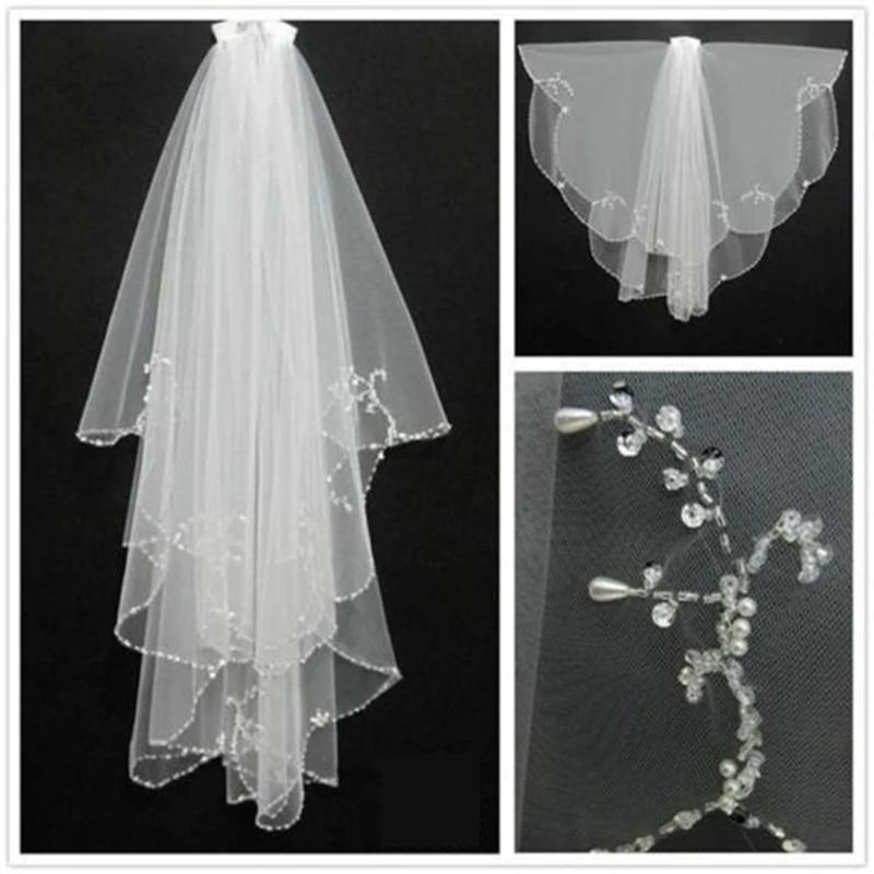 Bridal Veils Fantastic Two Layers Women's Flower Beaded Lace Pearls Wedding Short Bride Veil With Comb Velo De Novia White Ivory