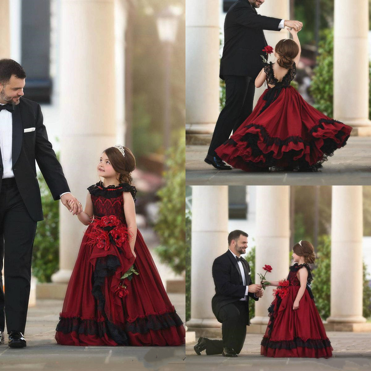 2020 Cute Red Flower Girl Dresses With Black Lace Appliqued Feather Handmade Flowers Girls Pageant Dress Backless Kids Formal Gowns