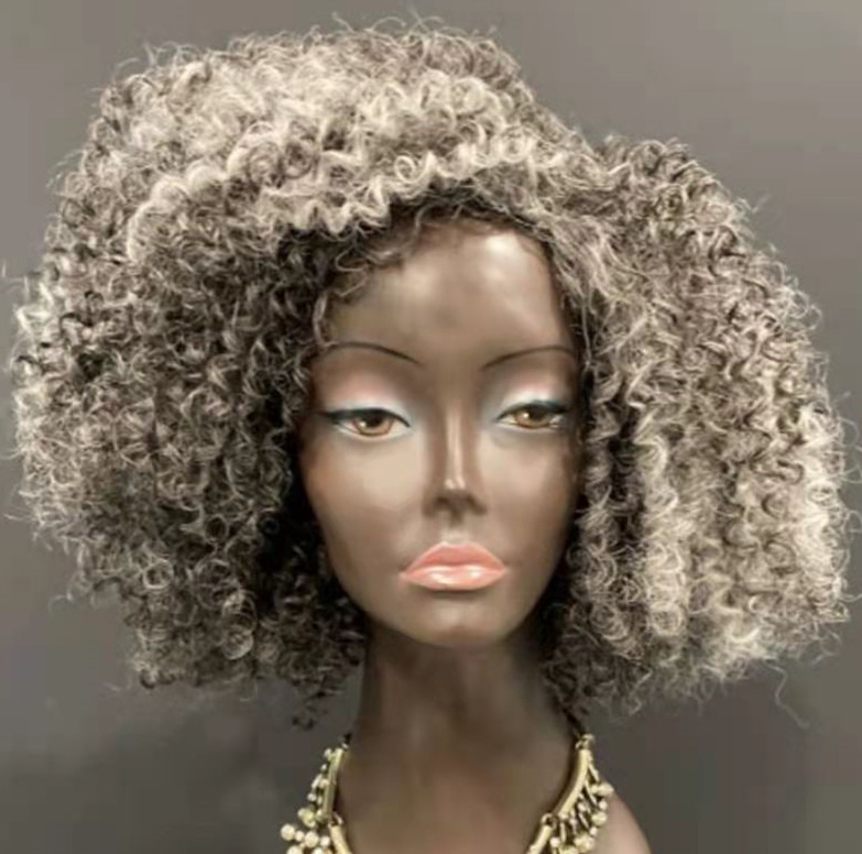 Salt and pepper Afro Kinky Curly gray Human Hair Wigs gradient two tone silver bob Grey Wig for Black Women None Lace machine made cap 130% density so