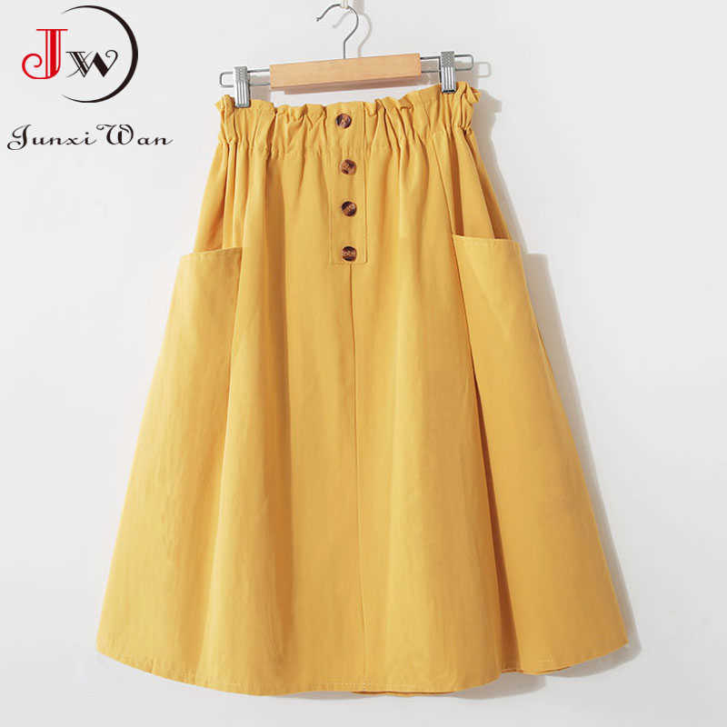 Women Summer Skirt Spring Korean Style Casual Solid High Waist A-Line Midi Skirts With Pocket Girls Elegant Faldas 210619