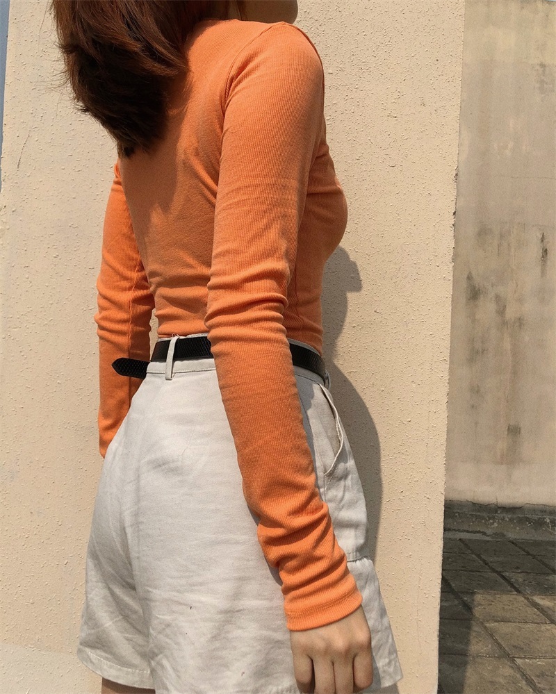 Women Scoop Neck Ribbed Crop T-shirt With Long Sleeve Cropped Top 210302