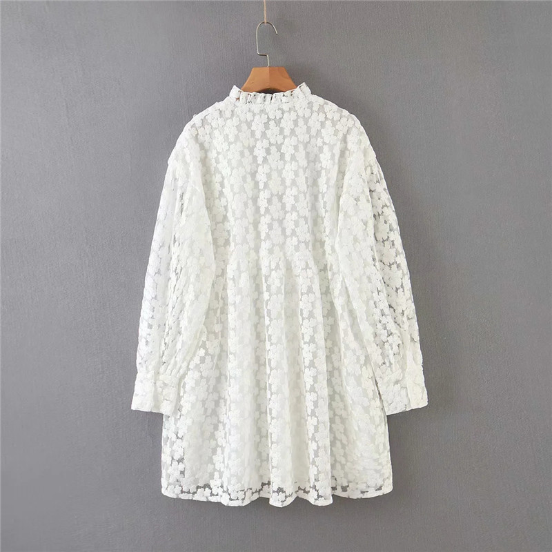 women floral embroidery turtleneck white za lace stylish mini dresses chic lady summer puff sleeve high waist loose dress 210309