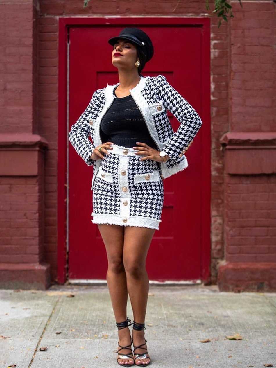 All Free Two-Pieces Women Chic Houndstooth Casual Jacket Coat+Gold Button Mini Ladies Office Skirt Suit 210527