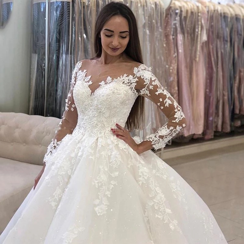 2021 V Neck Long Sleeve Wedding Dresses Saudi Arabia Bridal Gowns Court Train Elegant Lace Appliques Bride Gown Vestido De Noiva