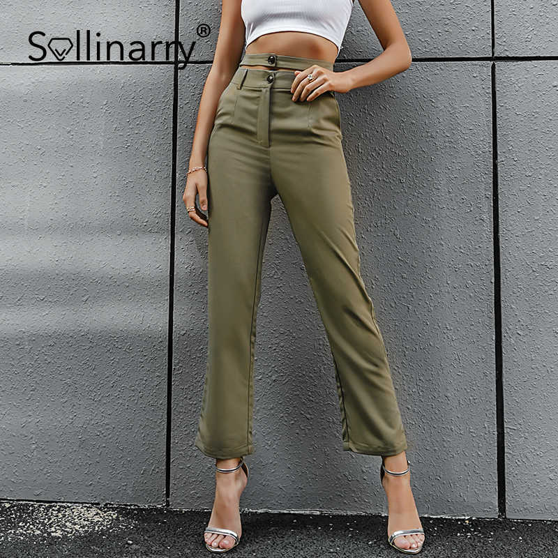 Sollinarry Fashion double waistband hem pants women Retro green loose straight trouser High waist slim leisure summer capris 210709