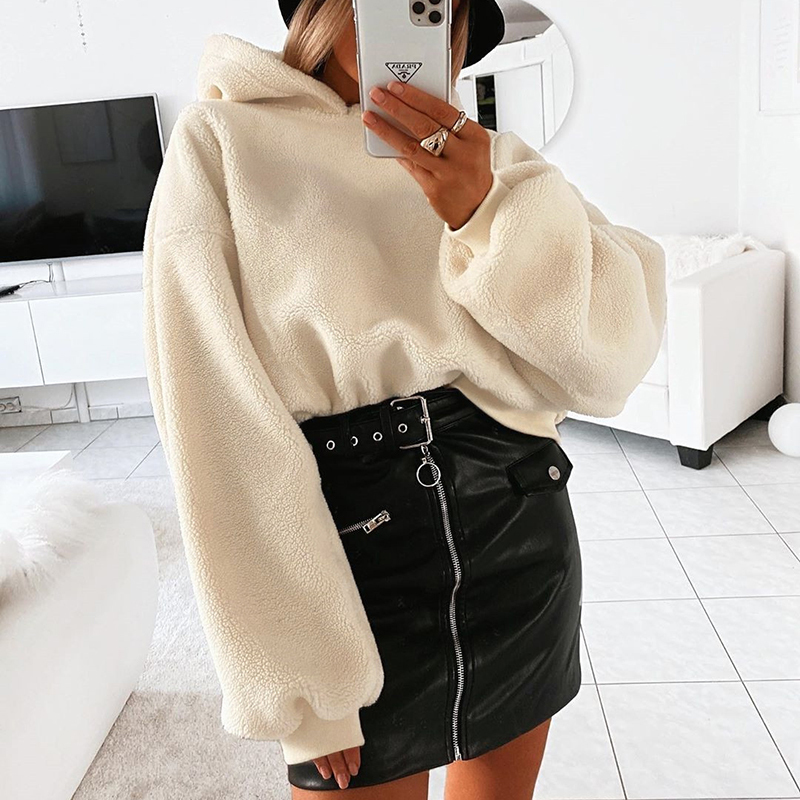 Rapwriter Casual Loose Raglan Long Sleeve Keep Warm Furry Hoodies Women Fall Winter Harajuku Pullovers Sweatshirt Solid Top 201103