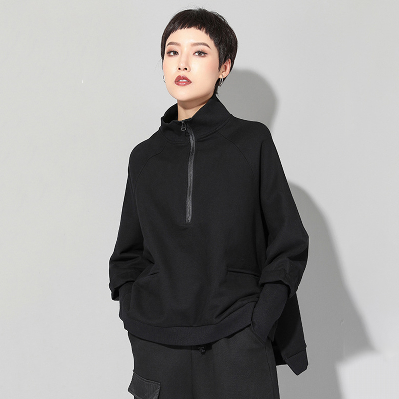 [EAM] New Spring Autumn Stand Collar Long Sleeve Black Zipper Split Joint Big Size Sweatshirt Women Fashion Tide LJ201130