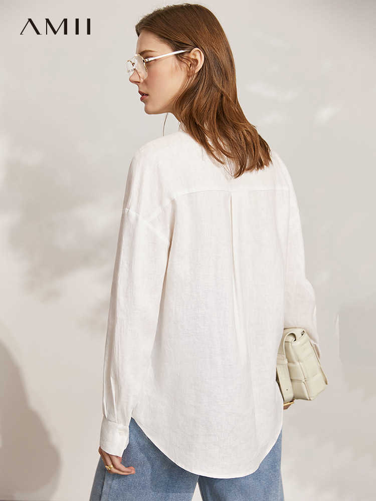 Minimalism Spring Summer Women's Tops Offical Lady 100%Linen Irregular Hem Female Blouse Causal Women Shirt 12170022 210527