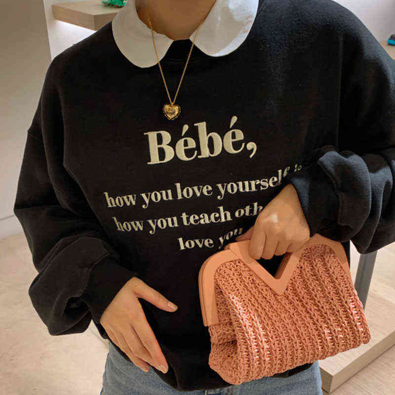Korejpaa Chic Letter Embroidery Sweatshirt Women Autumn Simple Korea Fashion Ladies O-neck Long Sleeve Loose Casual Tops 211108