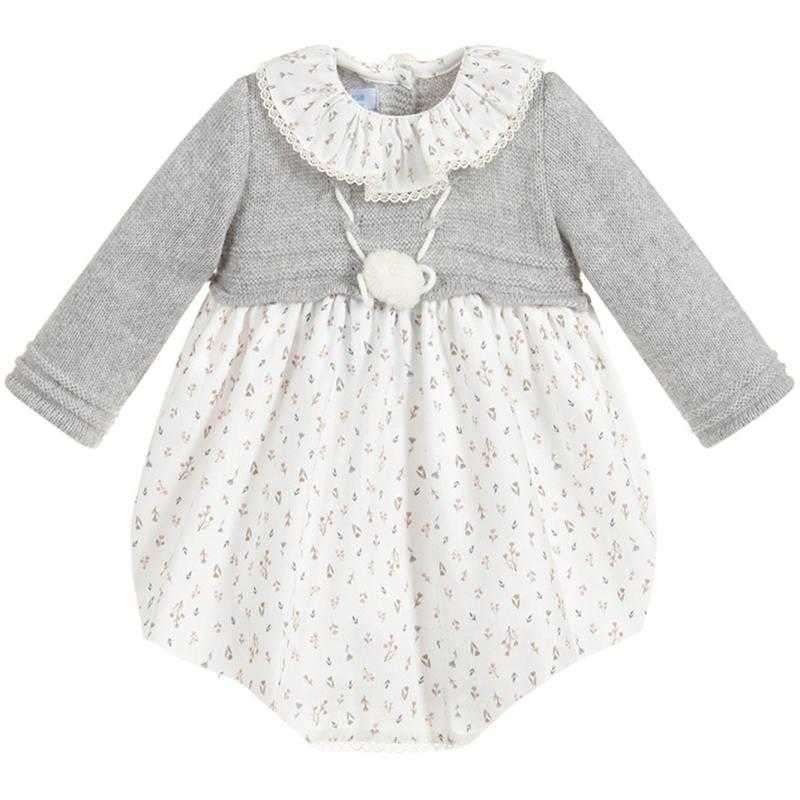 Baby Spanish Floral Romper Girl Knitting Jumpsuit Toddler Boutique Clothes Infant Birthday Christening Rompers 210615, Gray