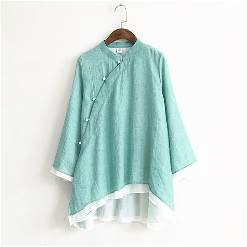 Johnature Women Chinese Style Shirts Stand Collar Casual Blouses Spring Loose Vintage Tops Brief Irregular Shirt 210308
