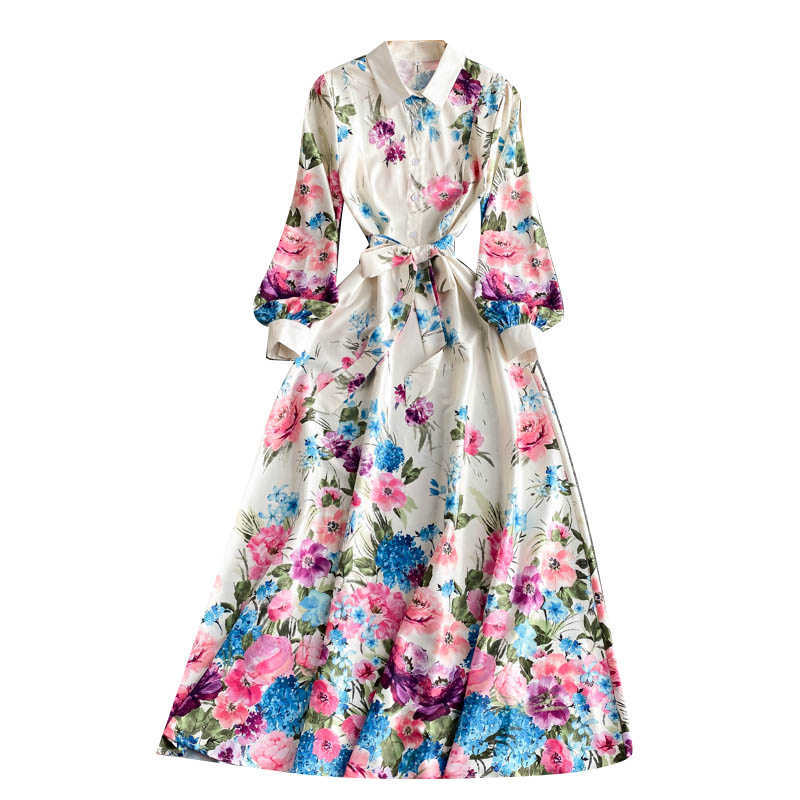 DEAT Women Printing Dress Turn-down Collar Long Sleeve Arrivals Lady Temperament Fashion Spring Autumn 11D2014 210709