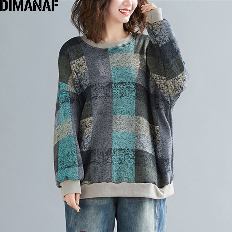 DIMANAF Autumn Winter Oversize Women Sweatshirts Lady Tops Pullovers Knitting Cotton Thick Vintage Loose Long Sleeve Plus Size T200407