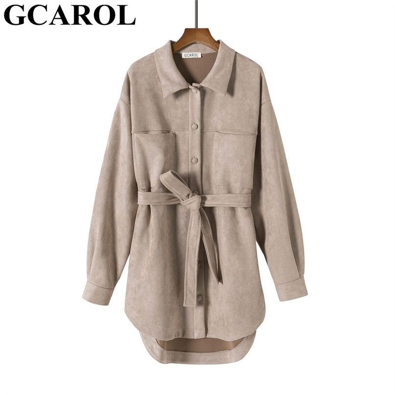 GCAROL Women Asymmetric Velvet Trench With Belt Single-breasted Drop Shoulder 2 Pockets Loose Medium Length Spring Autumn Winter 210820
