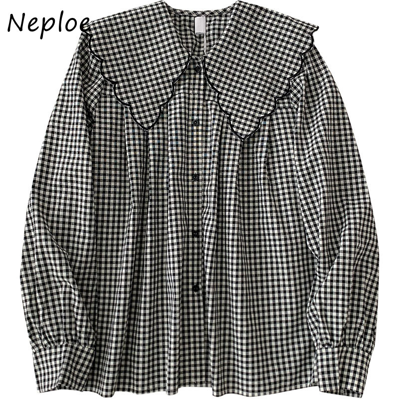 Neploe Doll Collar Hit Color Patchwork Loose Blouse Women Long Sleeve Single Breast Sweet Blusas Spring New Shirt Feminino 210225
