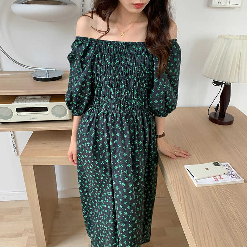Korejpaa Women Mini Dress Summer Korean Fashion Chic Print Square Neck Small Floral Pleated Gathered Waist Casual Dresses 210526