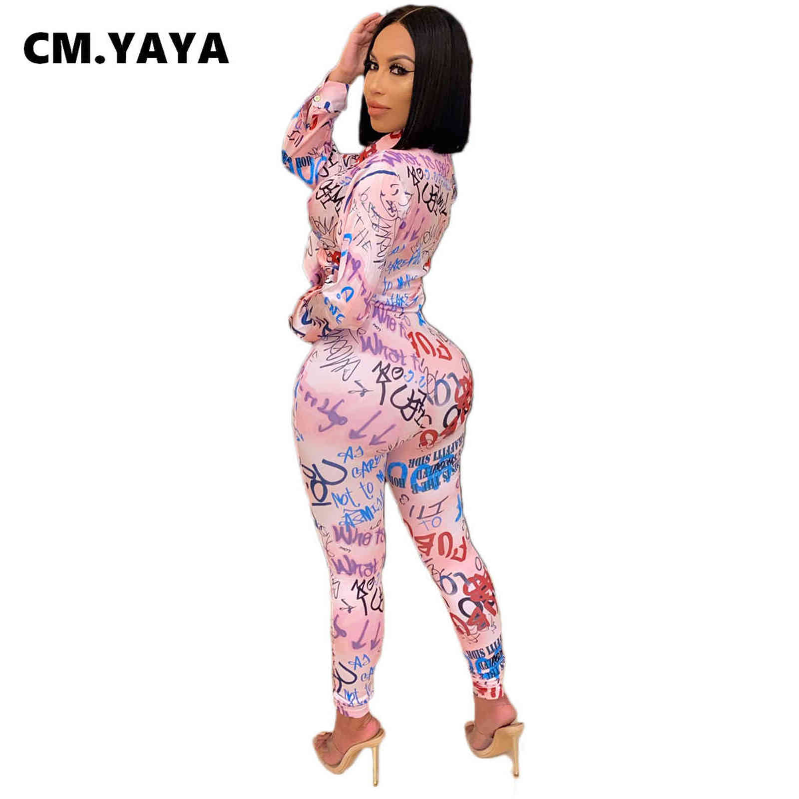 CM.YAYA Autumn Letter Leaf Print Women's Set Blouses Shirt Legging Pants Suit Active Wear Tracksuit Two Piece Fitness Outfit 211105