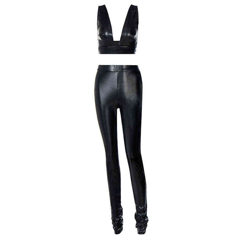 Faux Leather Two Piece Suits Women Clubwear Sleeveless Low Cut Crop Tank Top High Waist PU Leggings Sets Lady Black 211105