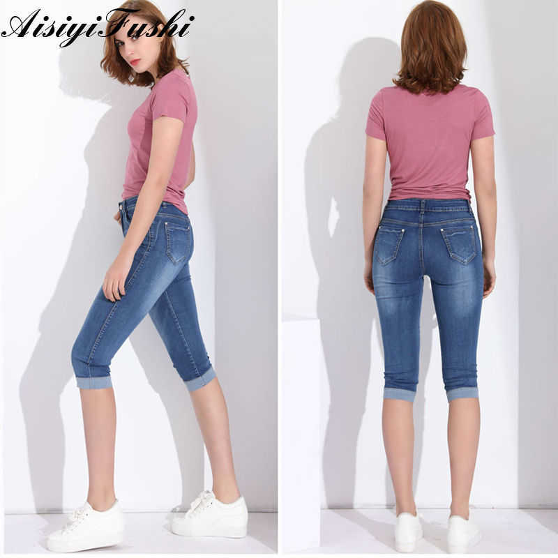 Woman's Jeans Black Denim Pants Ladies Cropped Trousers Skinny Knee Length Women Elastic High Waist Mom Plus Size 210809