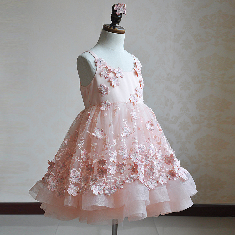 2021 Pink Florals Lace Flower Girls Dresses for Weddings Jewel Neck Princess Satin High Low Little Girls Pageant Dresses Princess Gown