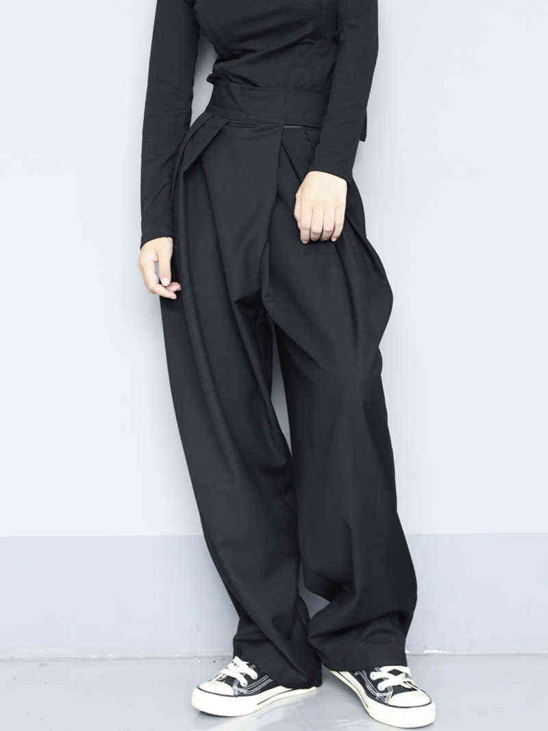[EAM] High Waist Black Brief Pleated Long Wide Leg Trousers Loose Fit Pant Fashion Spring Autumn 1S399 211112