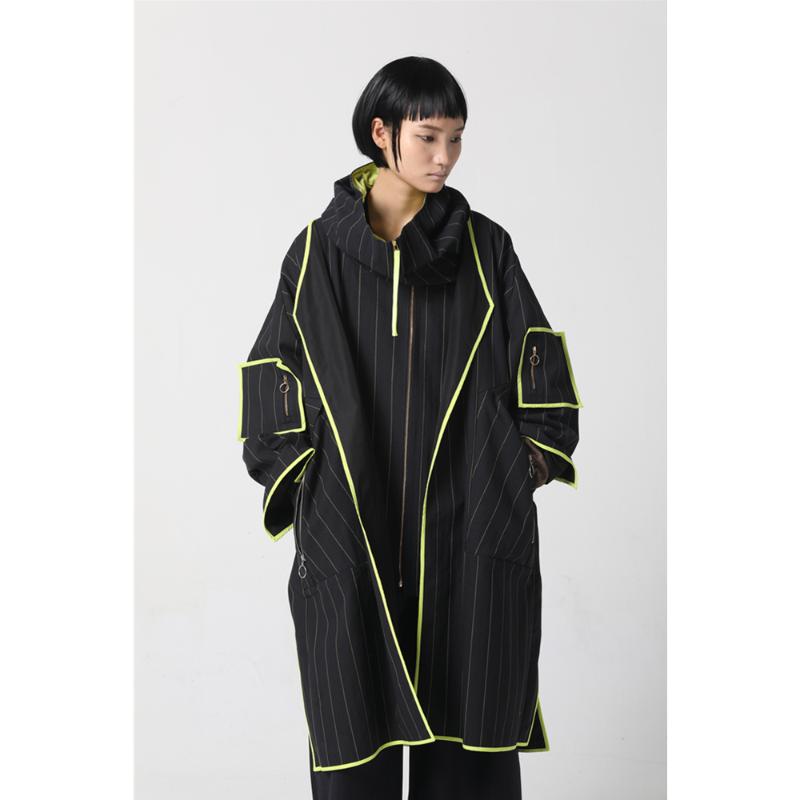 Women's Trench Coats C81140 CARHERS Collarless Fluorescent Contrast Cotton Caoat, Black