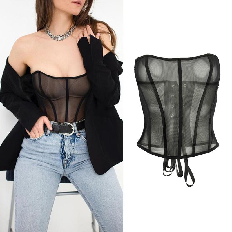 belts women's solid color black mesh chest support corset lace up perspective bustiers for party club, Black;brown
belts women's solid color black mesh chest support corset lace up perspective bustiers for party club, Black;brown