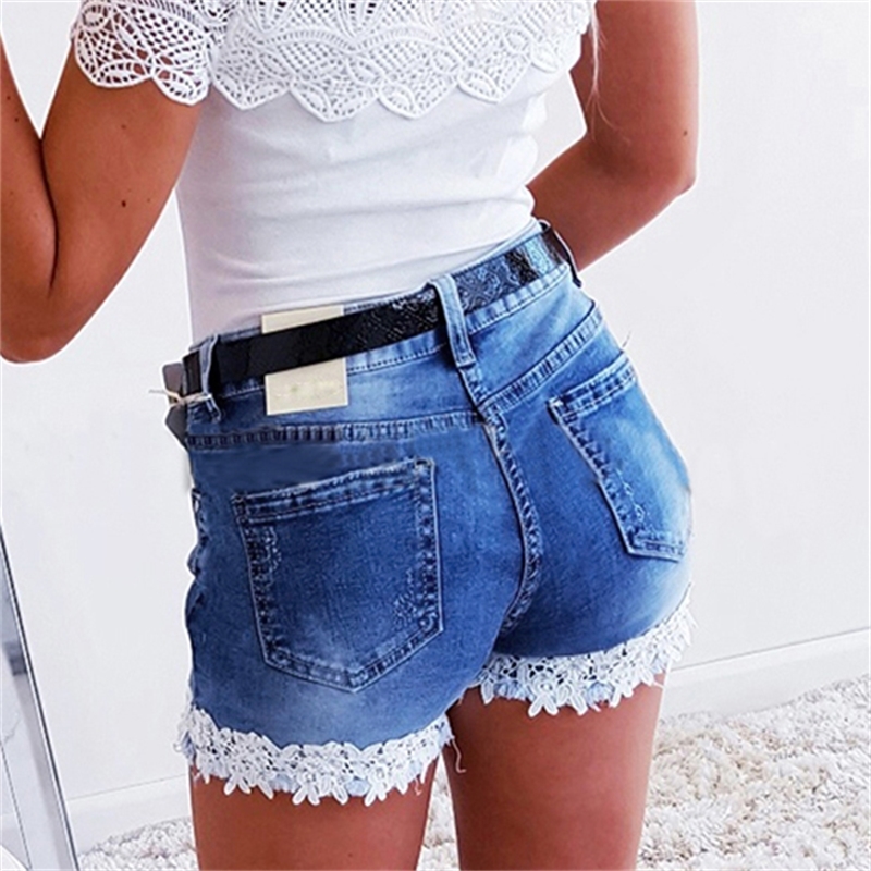 Shorts Women Summer Casual Mid Waist Lace Patchwork Ripped Skinny Jeans Women Streetwear Fashion Women Denim Short jean P30 T200608