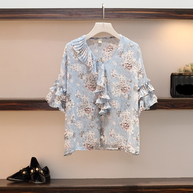 Summer Plus Size 5XL 2 Piece Set Women VNeck Ruffles Floral Chiffon Shirt Tops Mesh Patchwork Denim Skirt Two Piece Set Suit T200608