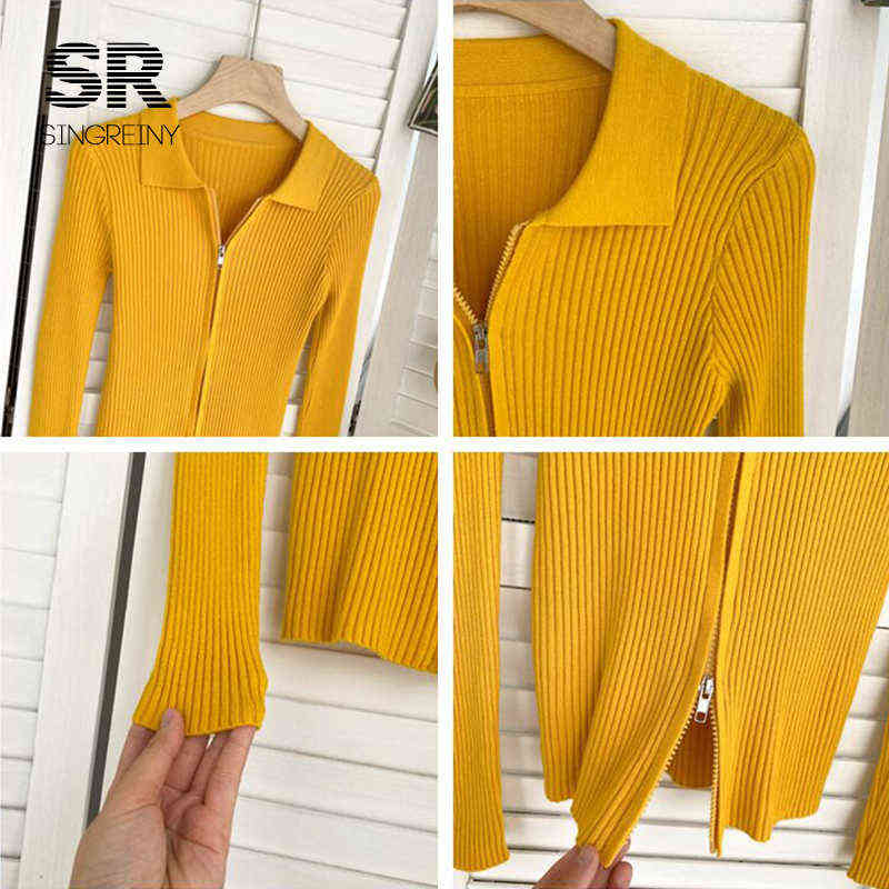SINGREINY Autumn Zipper Knitted Sweater Women Turndown-Collar Long Sleeve Elastic Knitted Tops Winter Fashion Basic Sweaters 211109