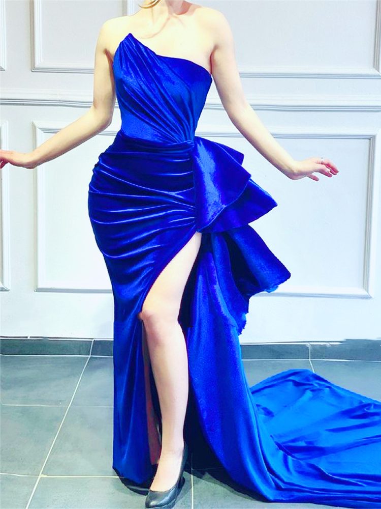 Elegant Royal Blue Velvet Mermaid Evening Dresses For Women 2022 Strapless Side High Split Long Prom Dress Back Lace Up Plus Size Special Occasion Dre