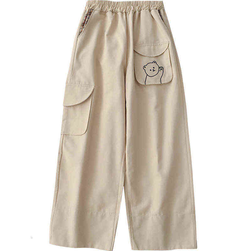 Lovely Embroidery Wide Leg Pants Women Casual Harajuku High Waist Loose Fashion Long Female Khaki Black Straight Bottoms 211115