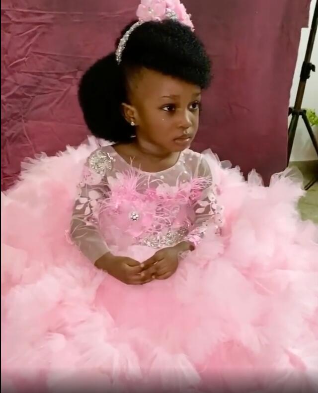 luxurious pink flower girl dresses sheer neck feather little girl wedding dresses cheap communion pageant dresses gowns zj737